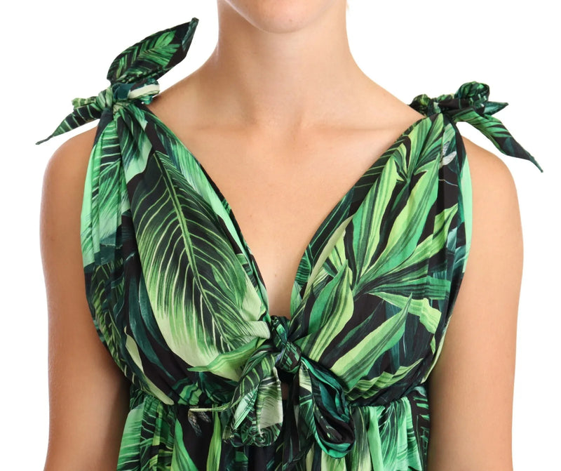 Green Leaves Print Cotton Flared Mini Dress