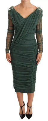 Πράσινο Ruched Stretch Tulle Crystal Midi Φόρεμα