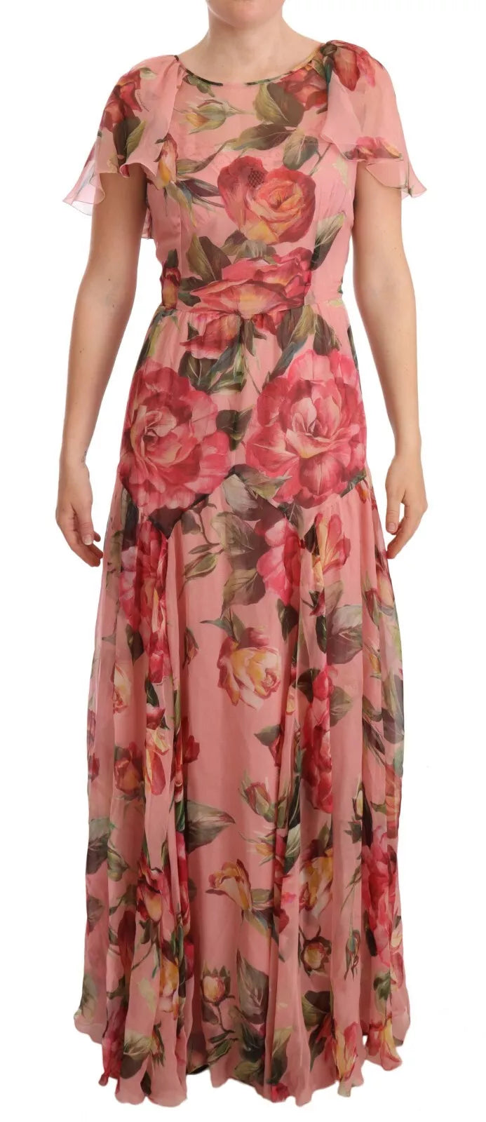 Pink Silk Floral Print Layered Maxi Dress