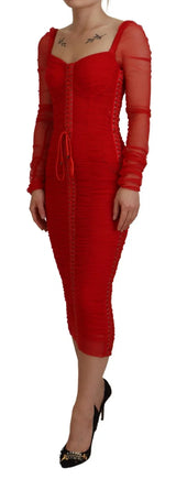 Red Mesh Trim Bodycon Sheath Midi Dress