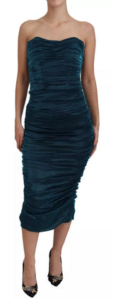 Silk Blend Blue Satin Fitted Strapless Dress