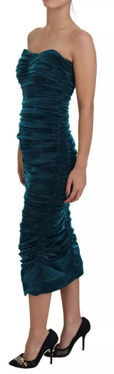 Silk Blend Blue Satin Fitted Strapless Dress