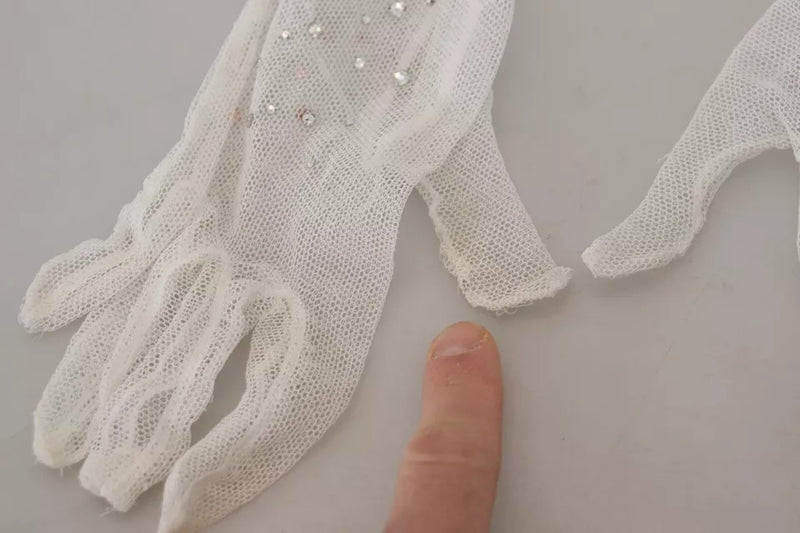 White Crystal Elbow Length Cotton Tulle Gloves