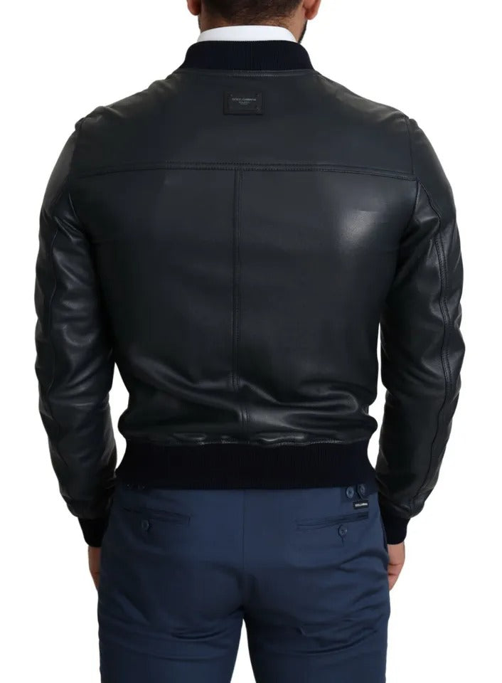 Black Leather Full Zip Men Bomber Jacket