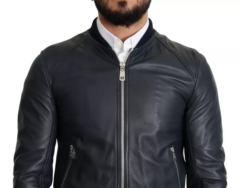 Black Leather Full Zip Men Bomber Jacket