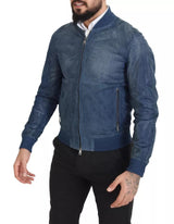 Blue Leather Perforated Full Zip Jacket