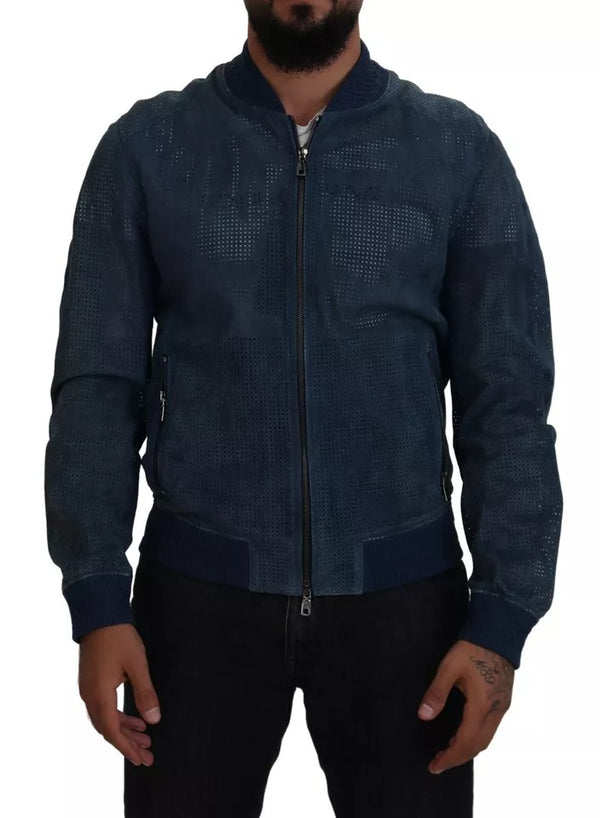 Blue Leather Perforated Full Zip Jacket