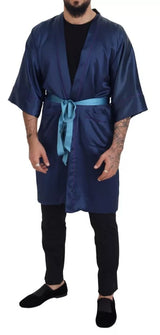 Blue Satin Silk Waist Belt Robe Jacket