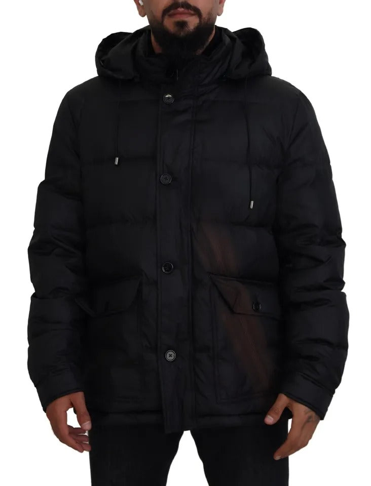 Black Polyester Hooded Parka Coat Winter Jacket