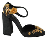 Black Floral Angel Applique Ankle Strap Pumps Shoes