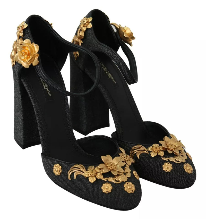 Black Floral Angel Applique Ankle Strap Pumps Shoes