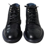 Navy Blue Leather Lace Up Ankle Boots Shoes