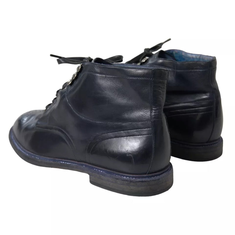 Navy Blue Leather Lace Up Ankle Boots Shoes