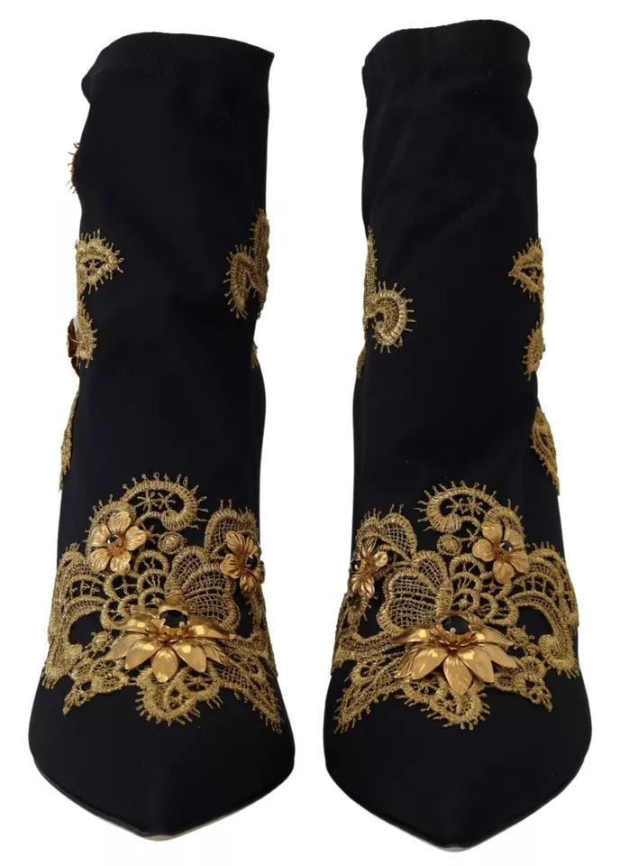 Black Gold Embroidery Slip On Boots Shoes