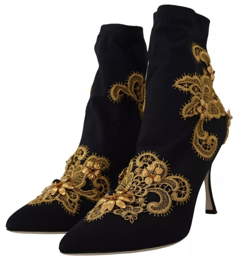 Black Gold Embroidery Slip On Boots Shoes