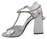 Silver Crystals T-strap Sandals Leather Shoes