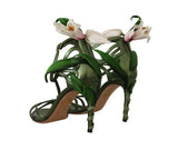 Acid Green Leather Strappy Flower Heels Sandals Shoes