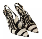 Black White Zebra Leather Heels Slingback Shoes