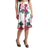 White Rose Print High Waist Midi A-line Skirt