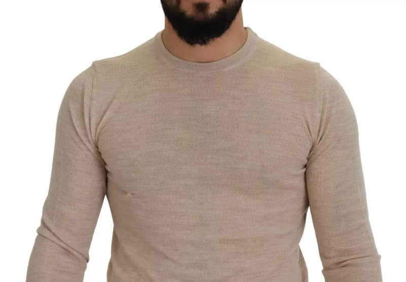 Beige Virgin Wool Crew Neck Pullover Sweater