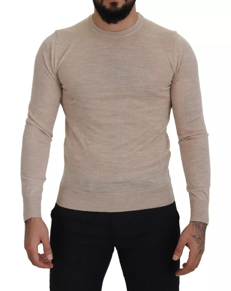 Beige Virgin Wool Crew Neck Pullover Sweater