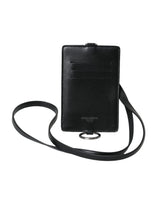 Black Calf Leather Lanyard Logo Card Holder Men Wallet