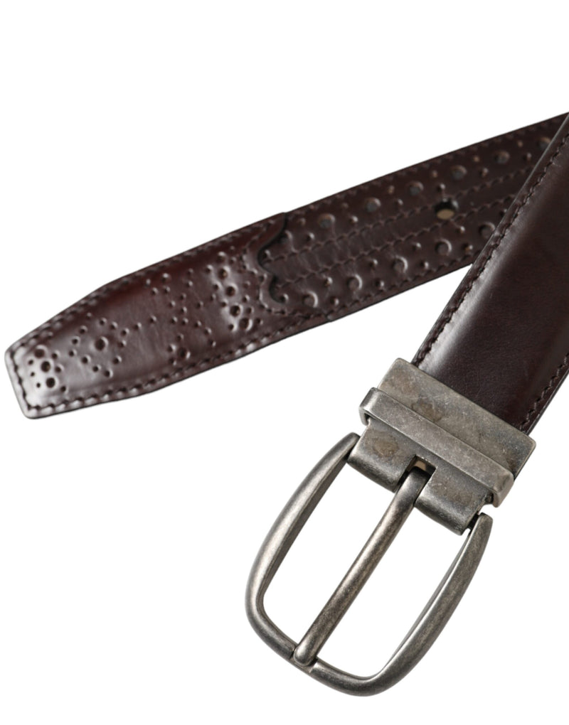 Dark Brown Perforated Leather Metal Buckle Belt Men