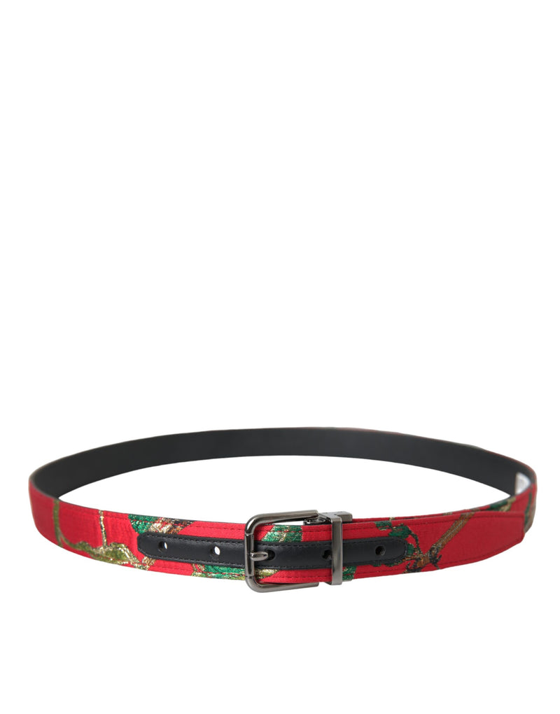 Red Leather Jacquard Silver Metal Buckle Belt