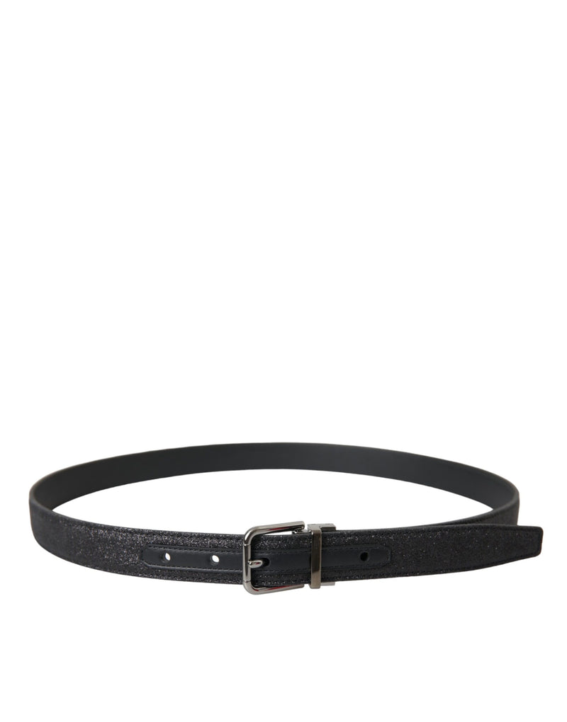 Black Glittered Leather Silver Buckle Belt