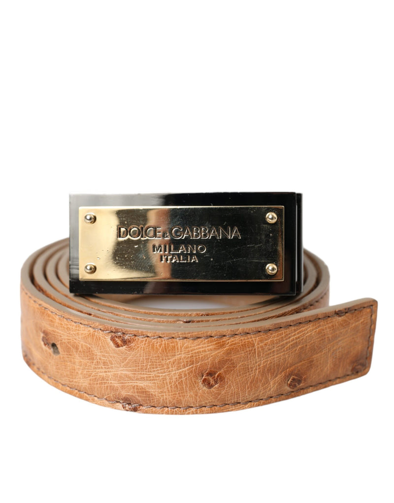 Beige Leather Gold Logo Engraved Buckle Belt