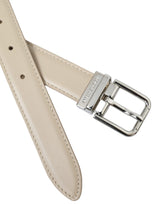 Beige Calfskin Leather Silver Metal Buckle Belt