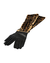 Brown Black Leopard Leather Elbow Length Gloves