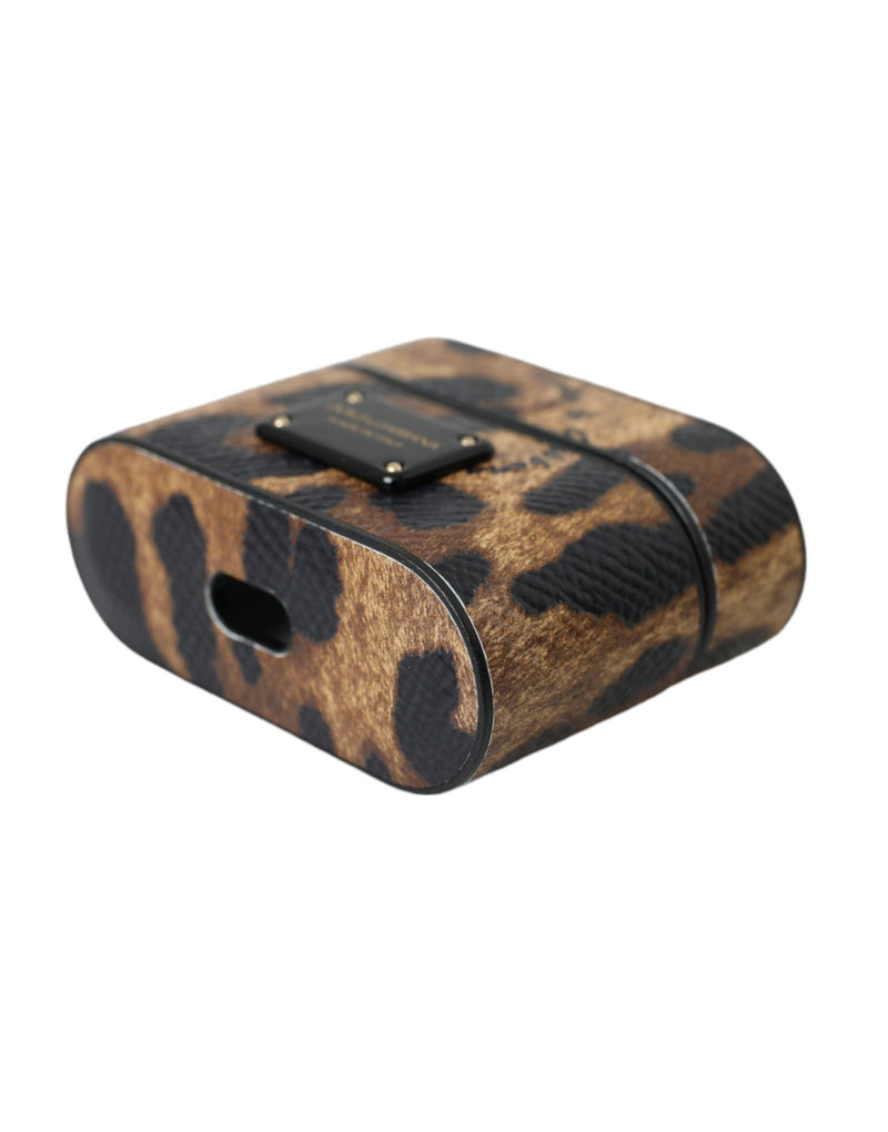 Brown Leopard Calf Leather Metal Logo Plaque Airpods Case