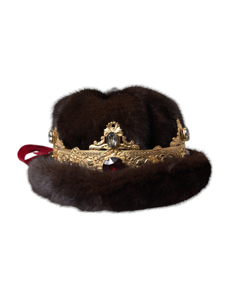 Dark Brown Mink Fur Gold Crystal Crown Hat