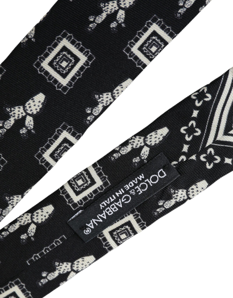 Black White Patterned 100% Silk Adjustable Tie