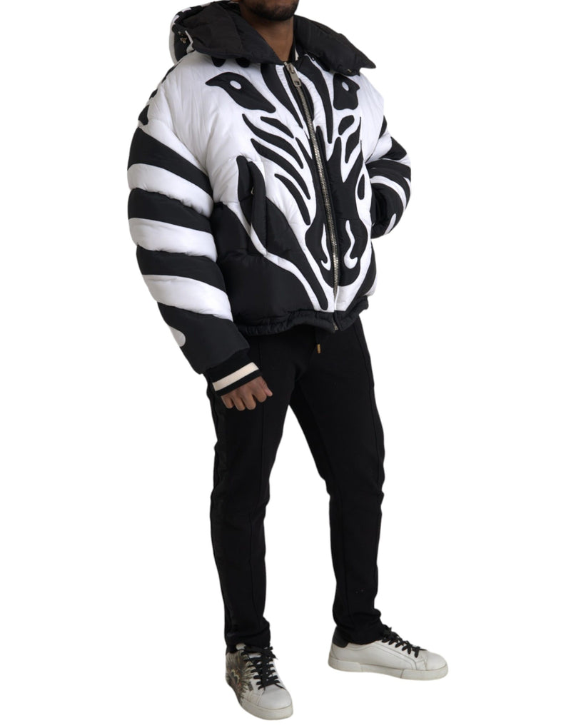 Black White Stripes Hooded Puffer Jacket