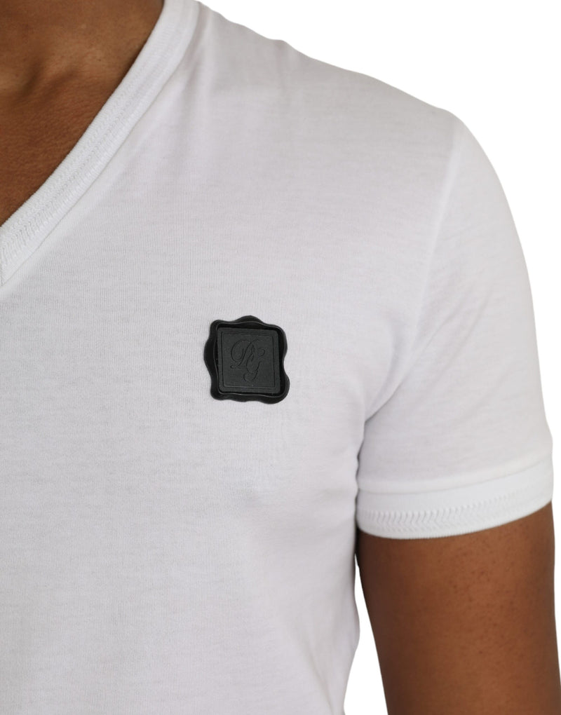 White Cotton Logo Plaque V-neck Men T-shirt