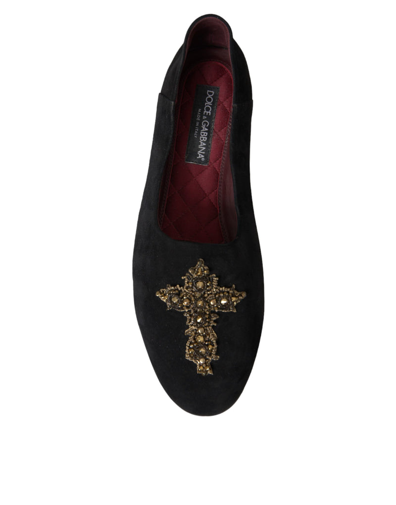 Black Suede Gold Cross Slip On Loafer Shoes