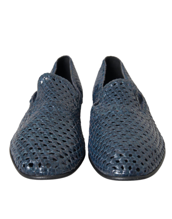 Blue Woven Leather Slip On Loafers Men Shoes