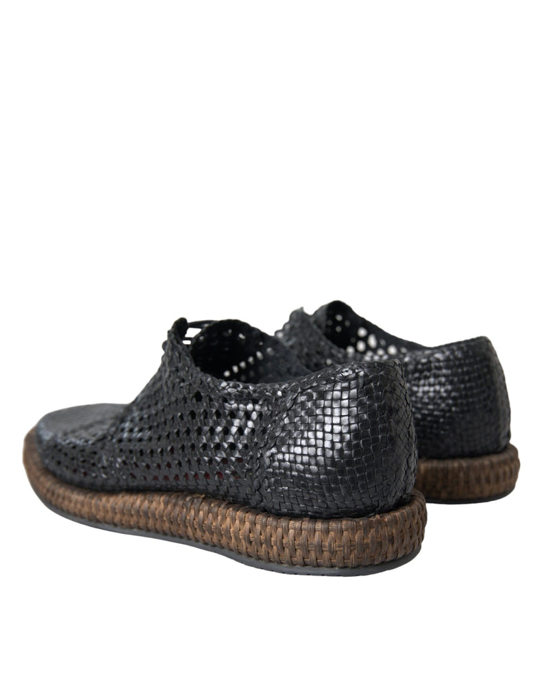 Black Woven Goat Leather Lace Up Derby Shoes