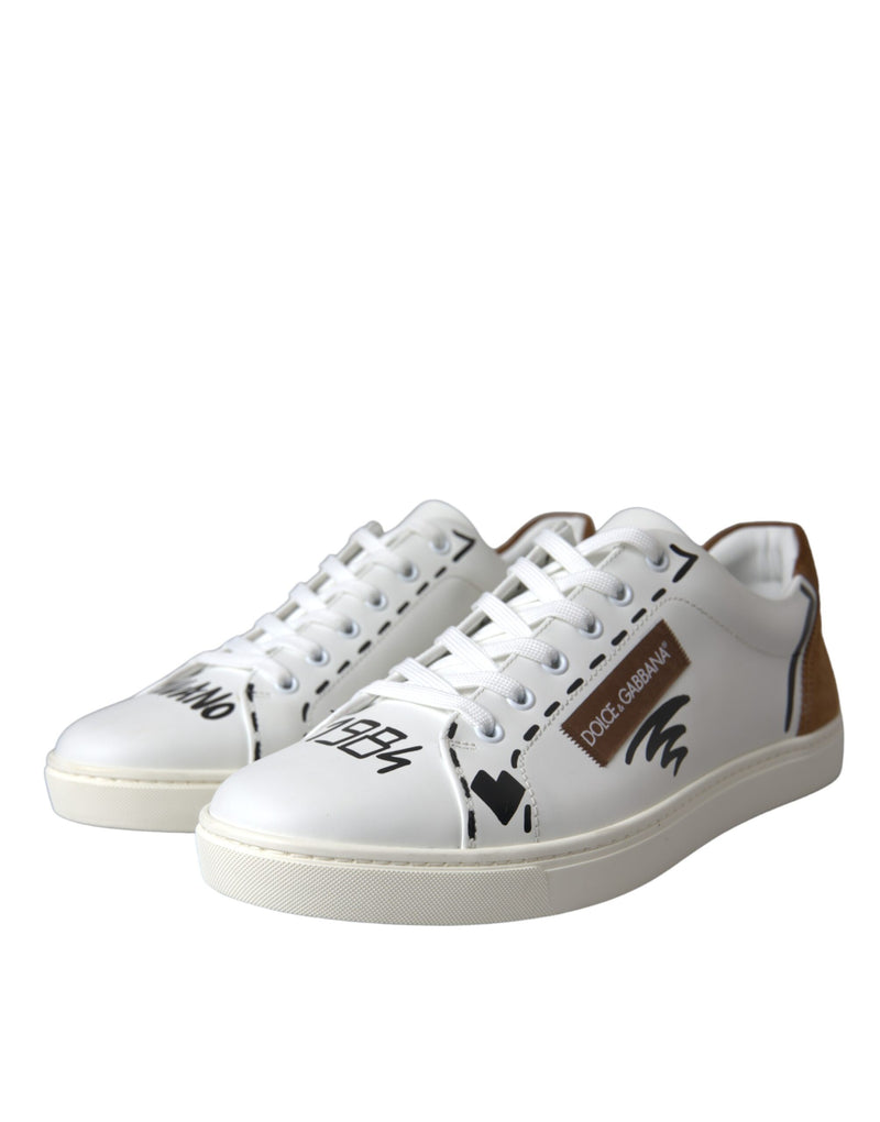 White Brown Leather Logo Low Top Sneakers Shoes