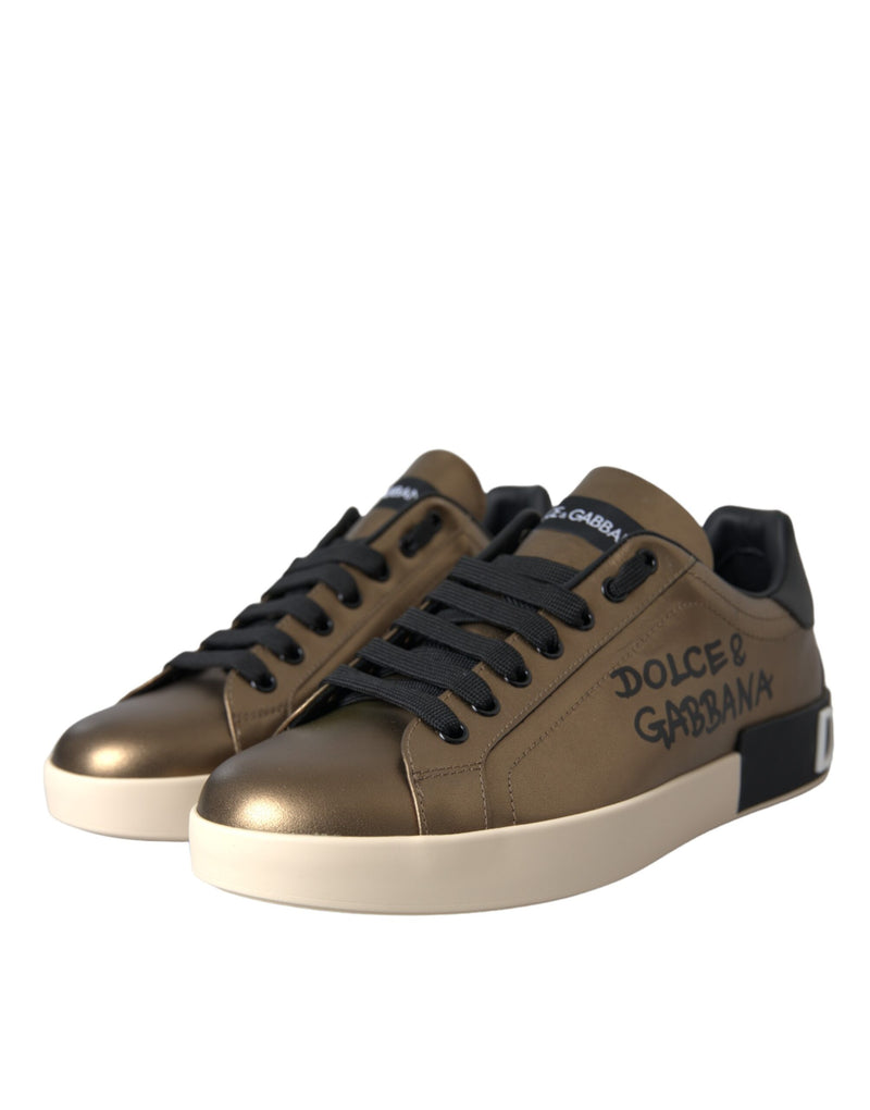 Gold Black Portofino Calf Leather Sneakers Shoes