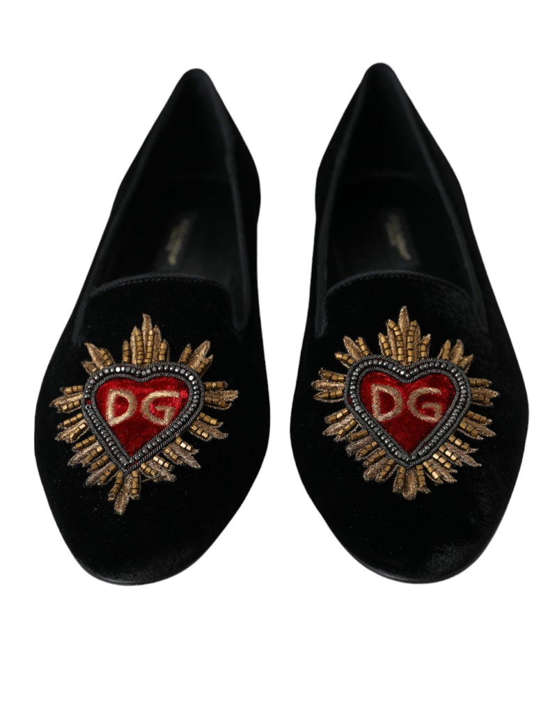 Black Velvet DG Heart Loafers Flats Shoes