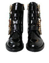 Black Leather Crystal Buckles Boots Shoes