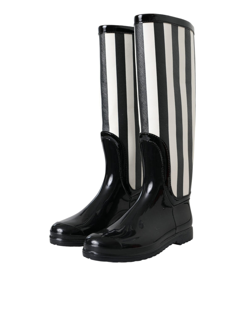 Black Rubber Knee High Flat Boots Shoes