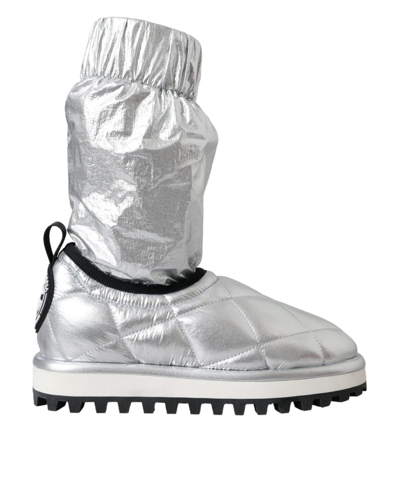 Metallic Silver Quilted Logo Patch Boot Shoes