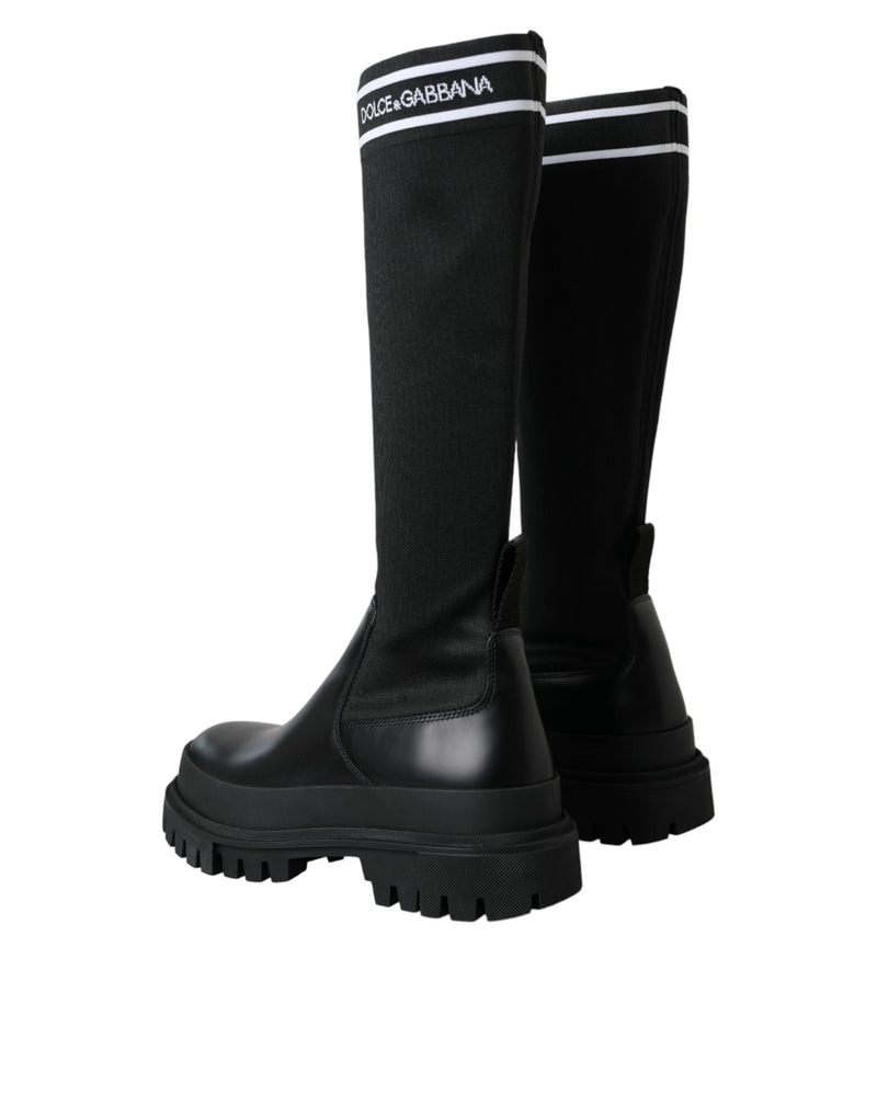 Black Leather Stretch Jersey Boots Shoes