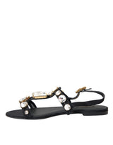 Black Leather Crystal Flats Sandals Shoes