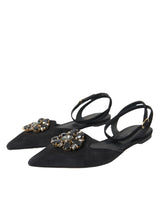 Black Leather Crystal Slingback Sandals Shoes