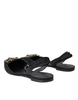 Black Leather Crystal Slingback Sandals Shoes